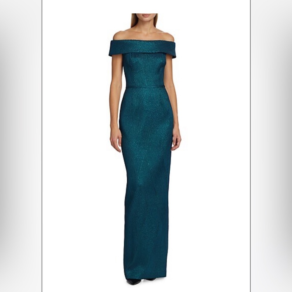 Teri Jon By Rickie Freeman Metallic Off-The-Shoulder Gown in Teal. Size 8.